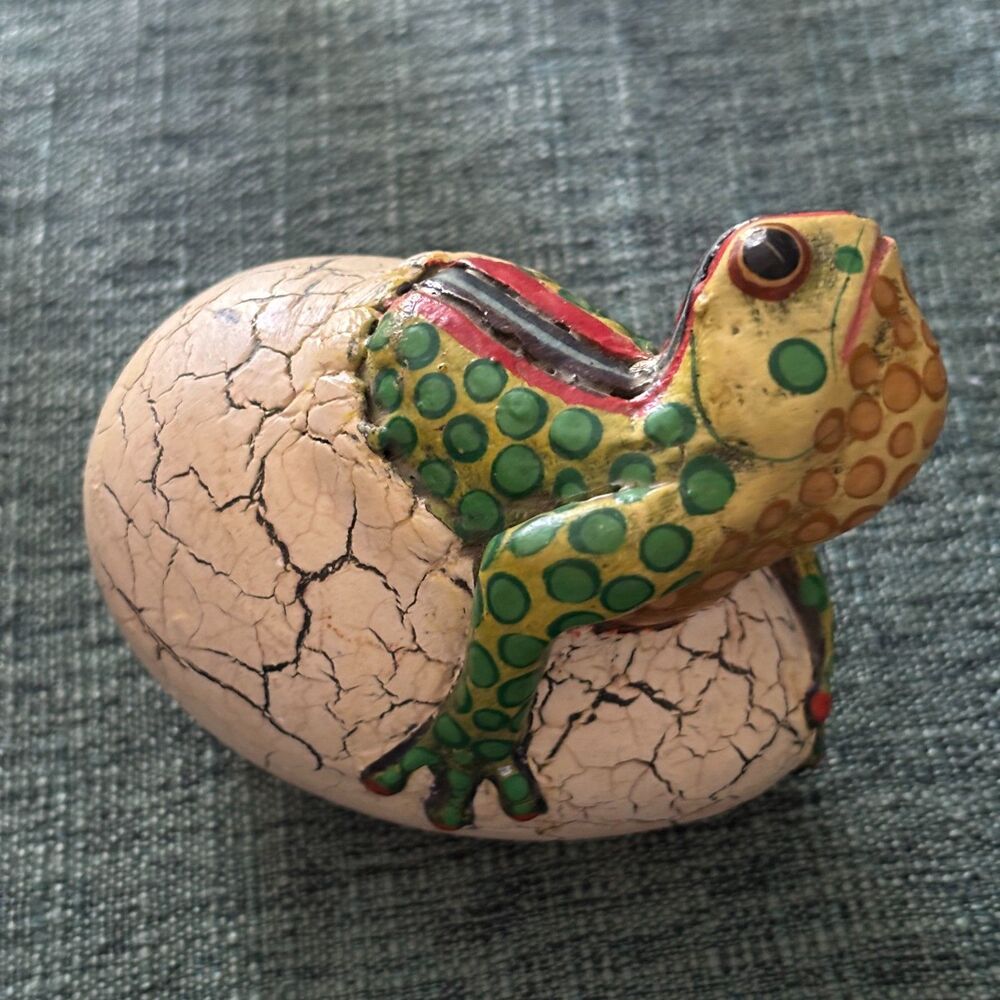 Vintage Mexican Folk Art Frog Egg Pottery Sculpture Hand Painted Signed Macias